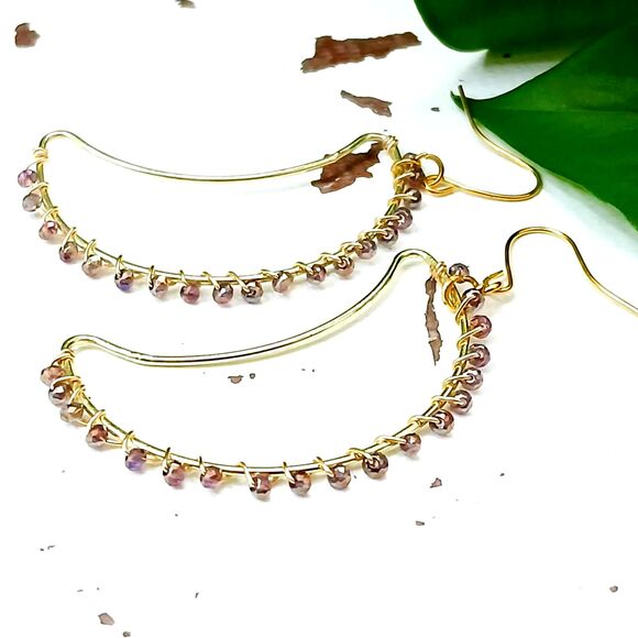 Gold Crescent Moon Beaded Dangle Earrings - 2.5" - Boho Celestial - Picture 4 of 10